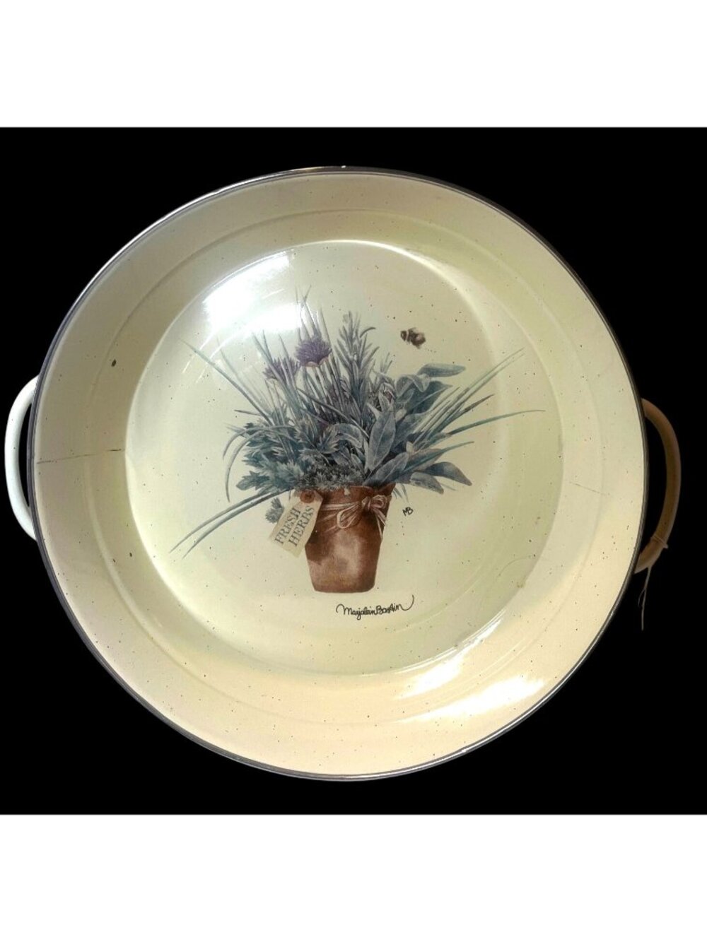 Marjolein Bastin Fresh Herbs Enamel Serving Bowl With Handles & Green Checker De
